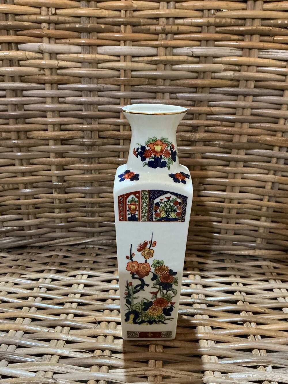 Vintage Japanese Imari Porcelain Bud Vase with Floral and Panel Motifs